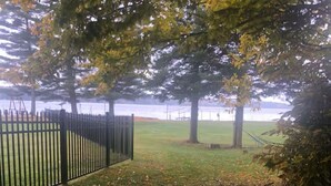 A park with a black metal fence, grassy areas, and trees.
