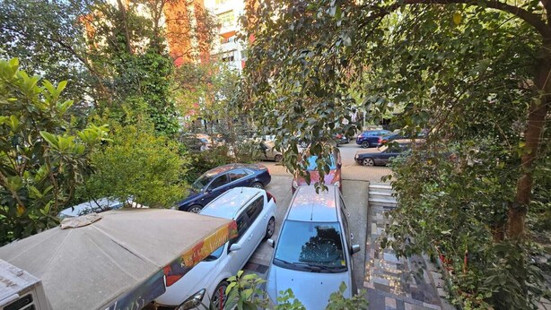 Un espace de stationnement où sont garées plusieurs voitures, entouré d’une végétation dense et d’arbres.