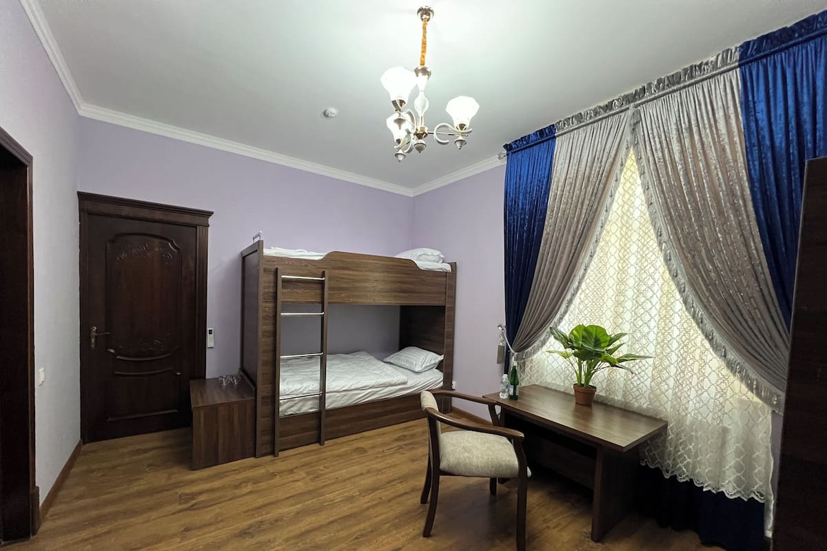 Una habitación con una cama litera, un escritorio con silla, una planta en maceta, una araña y un armario.