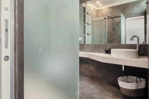 Shower, hair dryer, bidet, towels