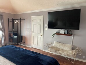 A bedroom with a bed, a TV mounted on the wall, a door, and a shelf with a plant.