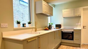 Eine moderne Küche mit Einbauofen, Spüle und Fenster mit Pflanzen.