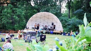 Une scène en forme de dôme géodésique où des musiciens se produisent, entourée d’un champ herbeux et d’arbres.