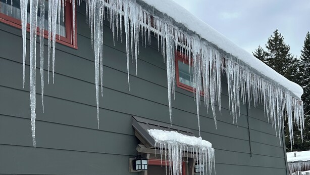 A house with icicles hanging from the roof, a wooden fence, and snow on the ground. - Cozy Cuddler's Cottage (West Falls)