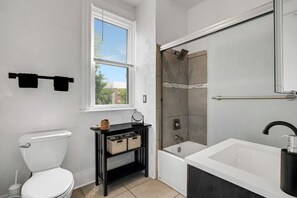 Hair dryer, towels, soap, shampoo