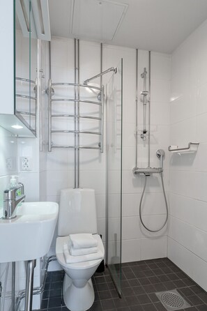 Et moderne badeværelse med en glasbrusekabine, et hvidt toilet og en vask med et spejl over.