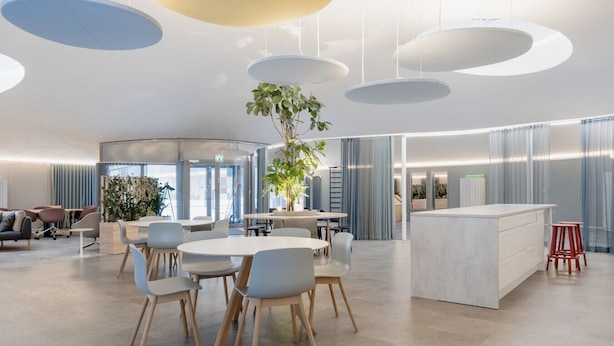 Un intérieur moderne avec des tables et des chaises rondes, une plante au centre et un espace bar.