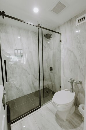 Shower, hair dryer, towels, soap