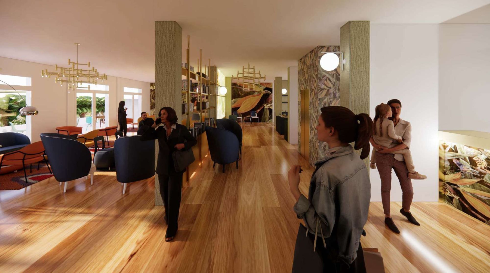 A spacious lobby with a wooden floor, modern furniture, and a large bookshelf.