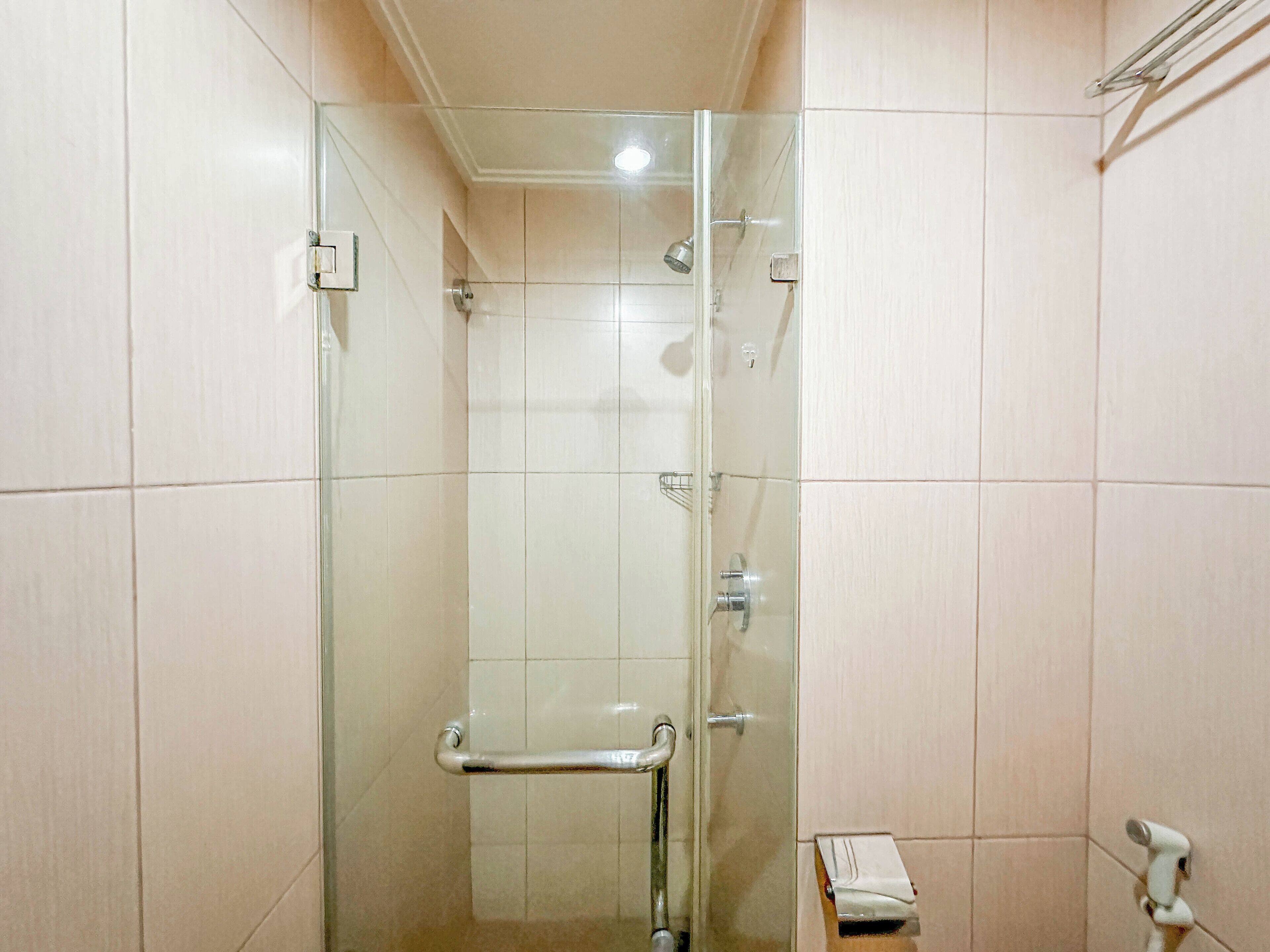 A glass-enclosed shower stall with a handrail, tiled walls, and a towel rack.