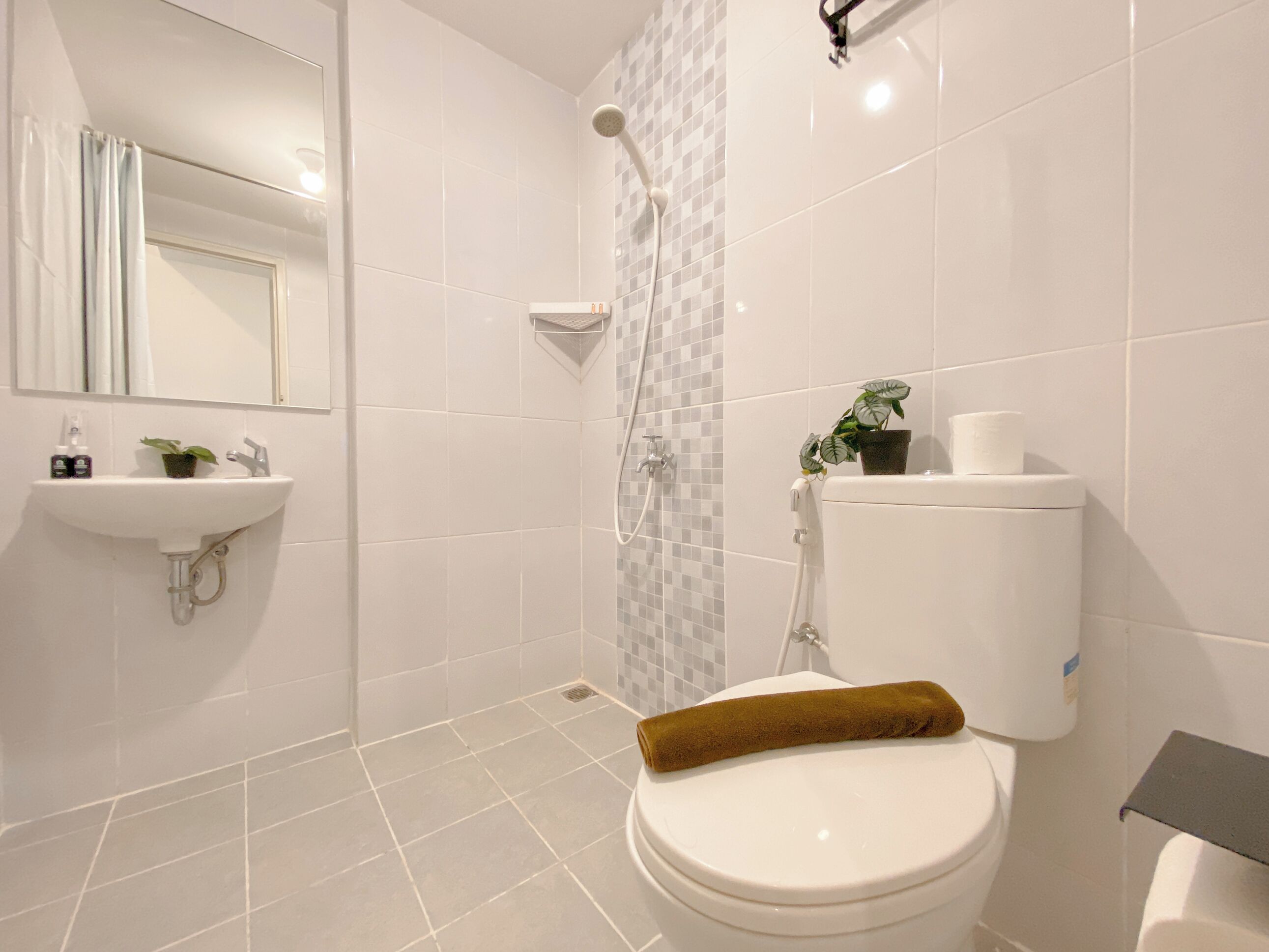 Un baño con inodoro, lavamanos, ducha y una pequeña planta en maceta.