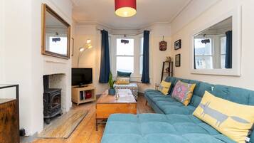 TV, fireplace, books