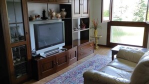A living room with a flat-screen TV, wooden cabinets, a beige sofa, and a patterned rug. - Two-room apartment Padua strategic area bookable minimum 7 nights max 20 nights. (Padova)
