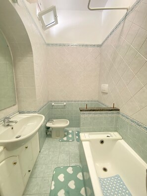 Hair dryer, bidet, towels, soap