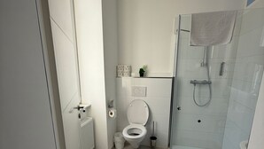 Un baño moderno con inodoro, ducha y radiador.