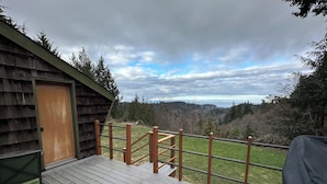 A wooden deck with a metal railing, a door, and a view of a forested landscape.