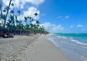 Ein Strand mit Palmen, Sand und dem Meer.
