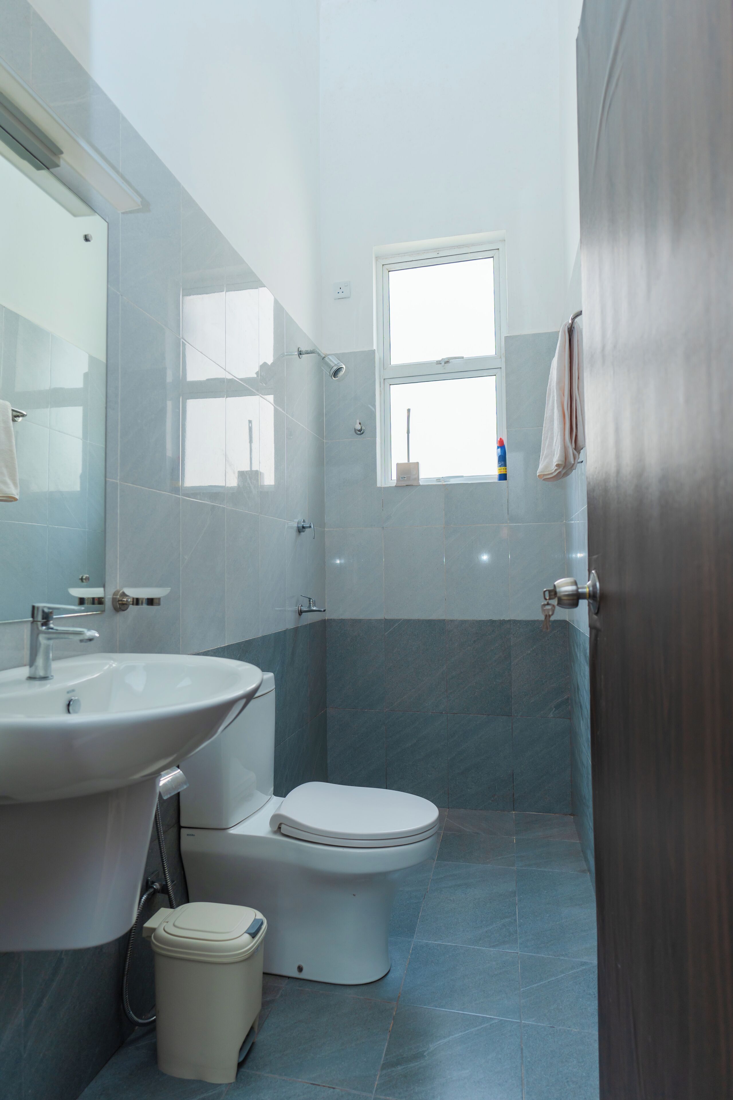 Een kleine badkamer met een wastafel, toilet en douche.
