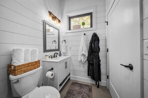 Hair dryer, towels, soap, toilet paper