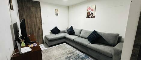A living room with a grey sectional sofa, a small rug, and two wall-mounted paintings.