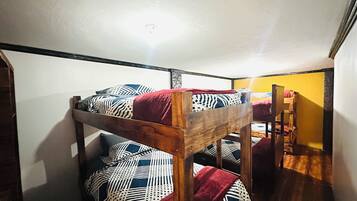 A bunk bed room with patterned bedding and a wooden ladder.