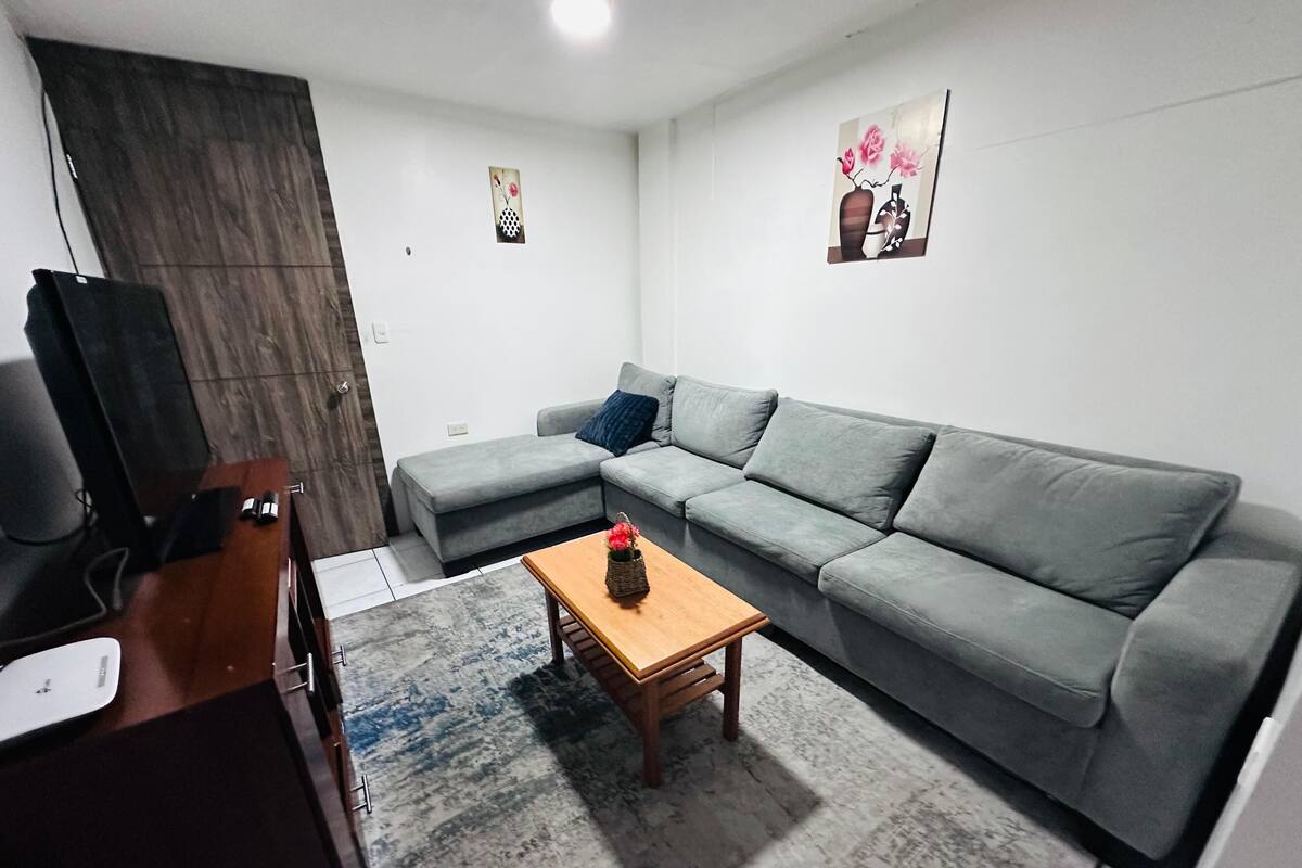 Una sala de estar moderna con un sofá seccional gris, una mesa de centro de madera y un televisor de pantalla plana sobre un mueble de madera.