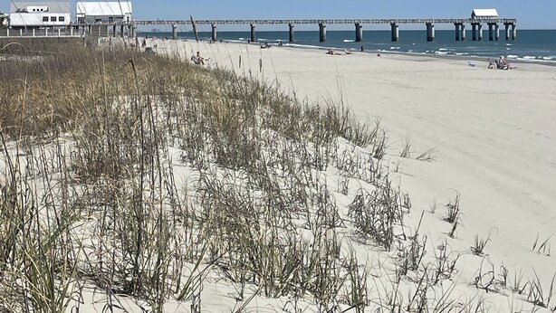 Ein Strand mit einem Steg, der ins Meer führt, Sanddünen und Gebäuden im Hintergrund.