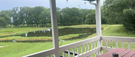 A covered outdoor area with a wooden table and benches, overlooking a pond and a grassy field with trees.