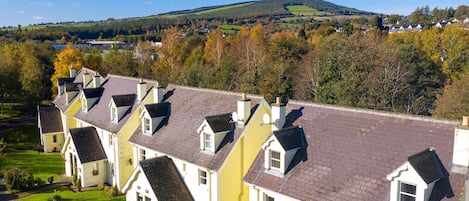 A row of traditional houses with pitched roofs, set against a backdrop of a hill and autumn foliage.