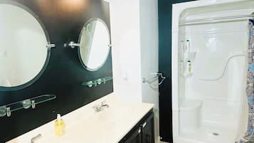 Hair dryer, towels, soap, toilet paper