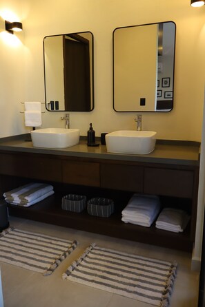 Hair dryer, towels, soap, toilet paper