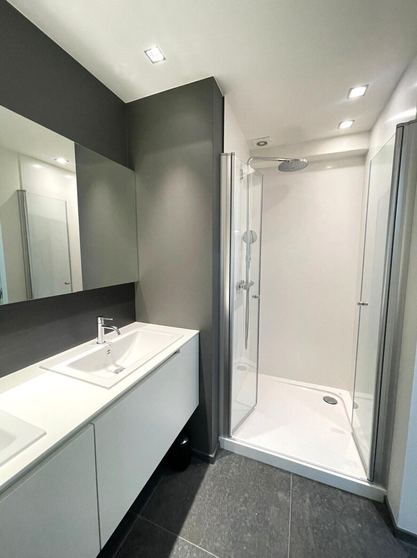 A modern bathroom with two sinks, a large mirror, and a glass-enclosed shower.