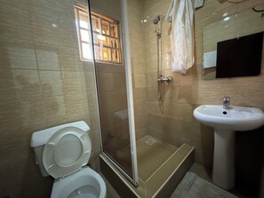 Un baño con inodoro, ducha y lavamanos.