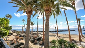 A beach with palm trees, a rocky shoreline, and a clear sky. - Playa Flamingo  Margarita (Playa Blanca)