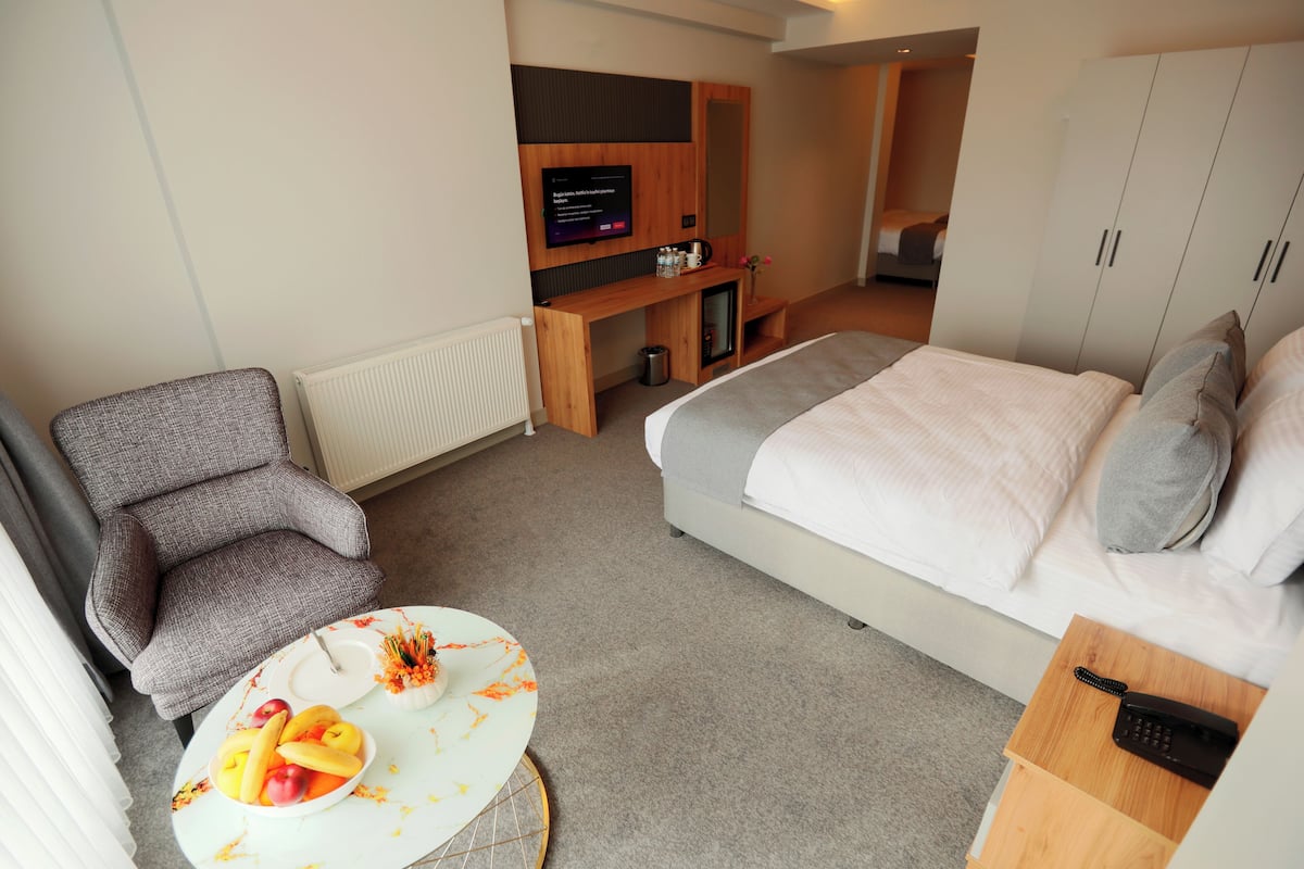 A hotel room with a bed, a desk with a TV, a chair, and a small table with fruit.