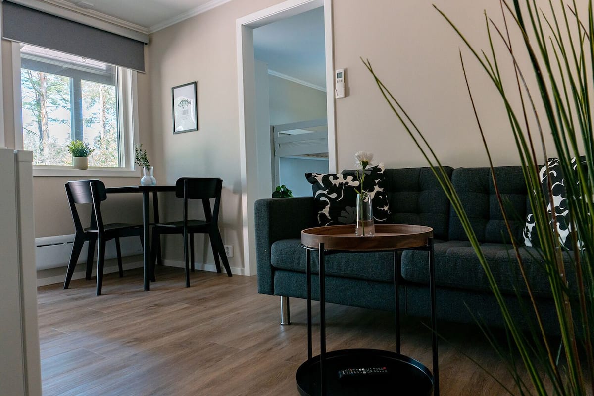 A living room with a dark green sofa, a round wooden coffee table, and a black remote control on the floor.