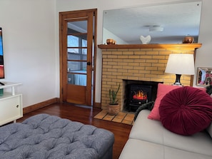 Smart TV, fireplace, books