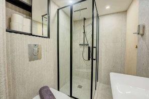 Hair dryer, towels, soap, toilet paper