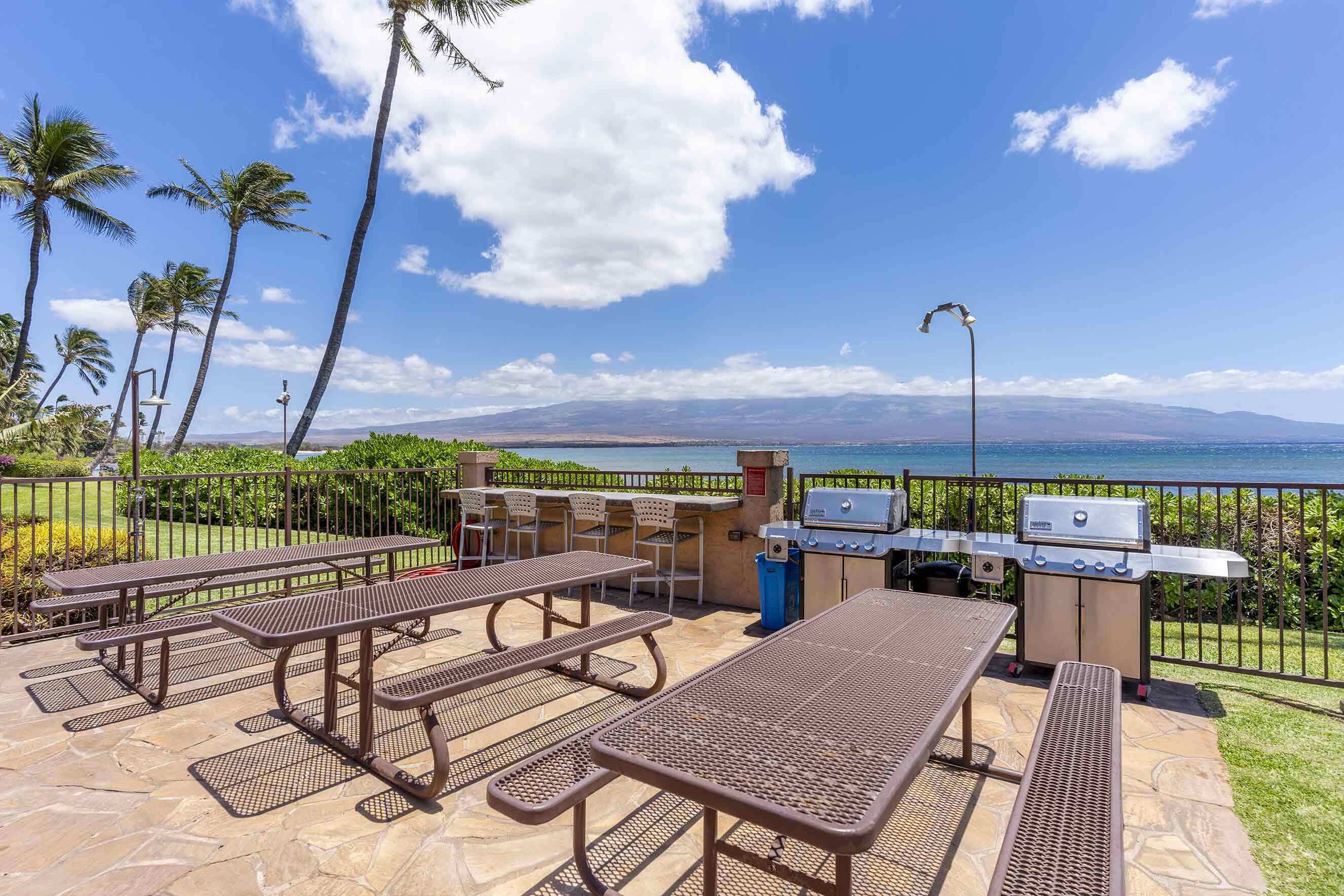 An outdoor patio with picnic tables, a grill, and a view of the ocean.