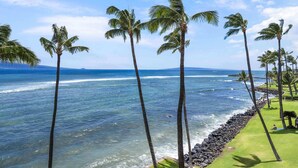 A view of a beach with palm trees and a rocky shoreline. - Lauloa 410 - Top Floor, Oceanfront Lanai, Molokini & Halaeakala Views, Split A/C (Wailuku)