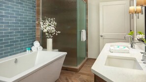Jetted tub, hair dryer, towels, soap