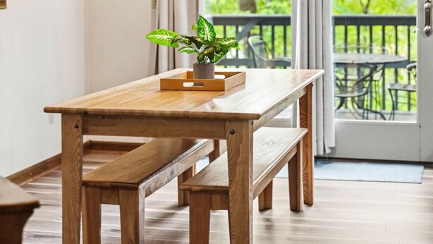 Un tavolo da pranzo in legno con panche, una lampada a sospensione e una pianta in vaso.