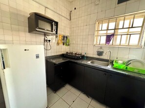 Fridge, microwave, stovetop, electric kettle