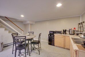 Fridge, microwave, coffee/tea maker, toaster