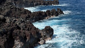 A coastal landscape with rocky terrain and a view of the ocean. - Simple yet enchanting abode  (Naalehu)