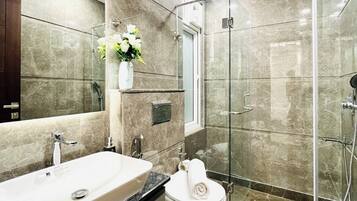 Shower, hair dryer, towels, soap