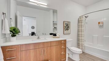 Deluxe Apartment, Mountain View | Bathroom | Combined shower/bathtub, free toiletries, hair dryer, towels