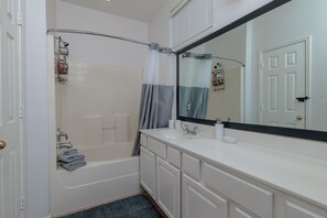 Hair dryer, towels, soap, shampoo