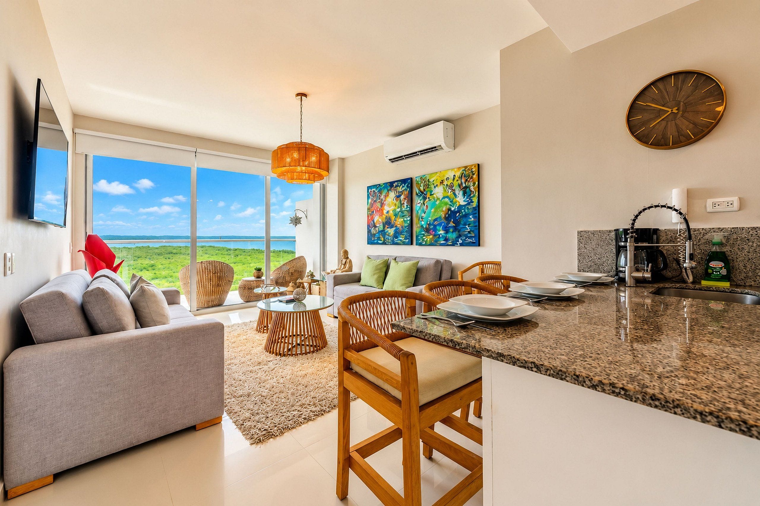 Una sala de estar moderna con un ventanal grande, un comedor con mostrador de cocina y vistas al exterior.