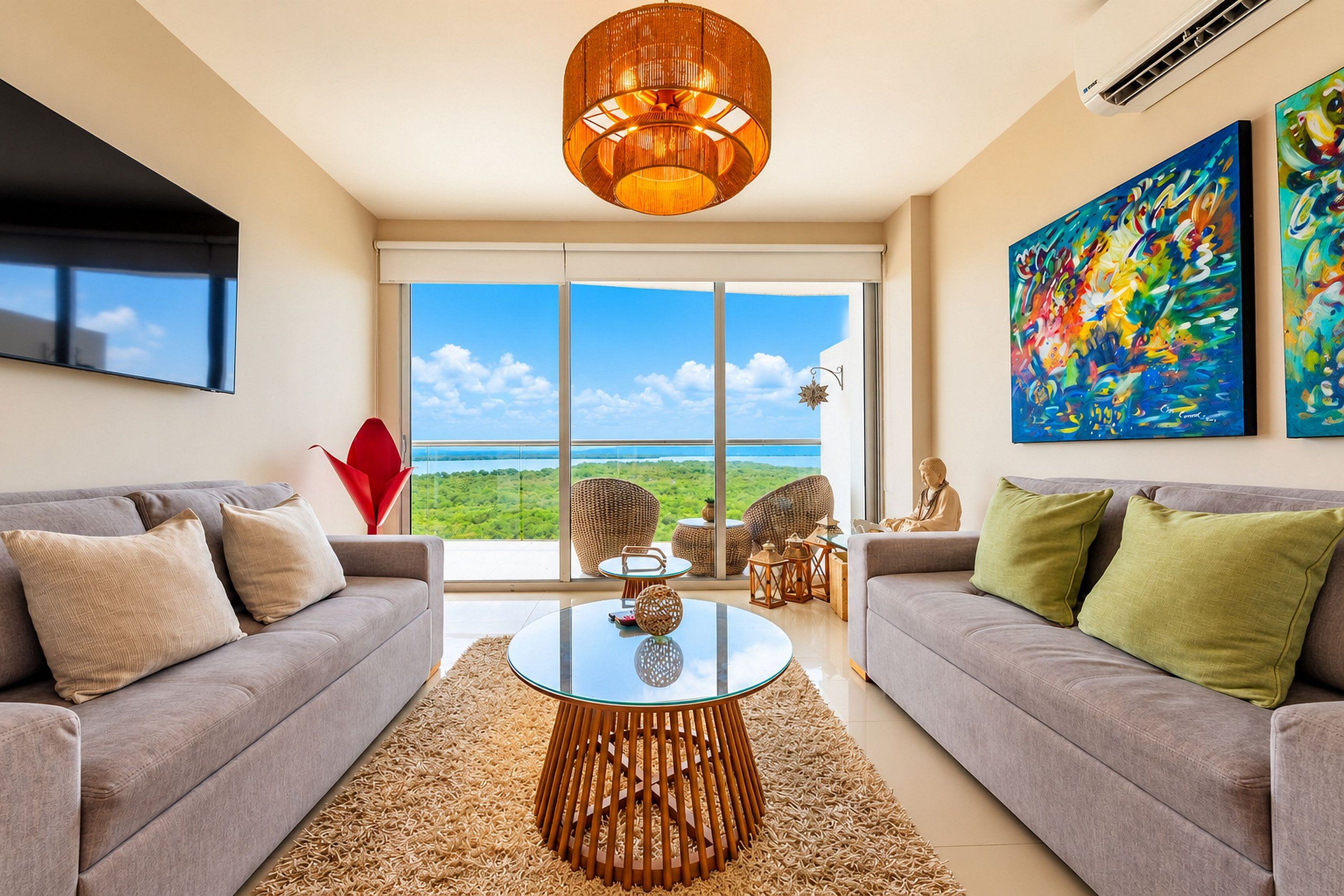 A modern living room with a large window, a round glass coffee table, and two grey sofas.
